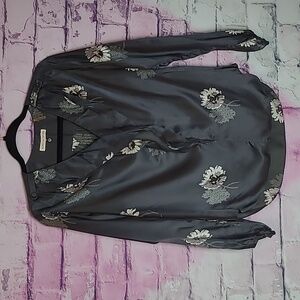 REBECCA TAYLOR DEEP GRAY DANDELION PRINTED SILK BLEND RUFFLE BLOUSE 4